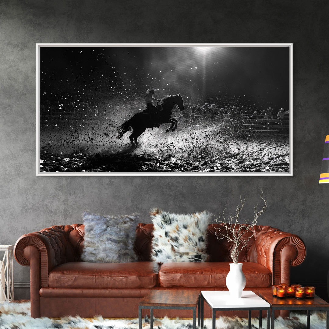 Action-Packed Rodeo Night Scene with Cowboy and Horse, Ideal for Framed Canvas Print, Living Room Wall Art, Perfect Bedroom Decor