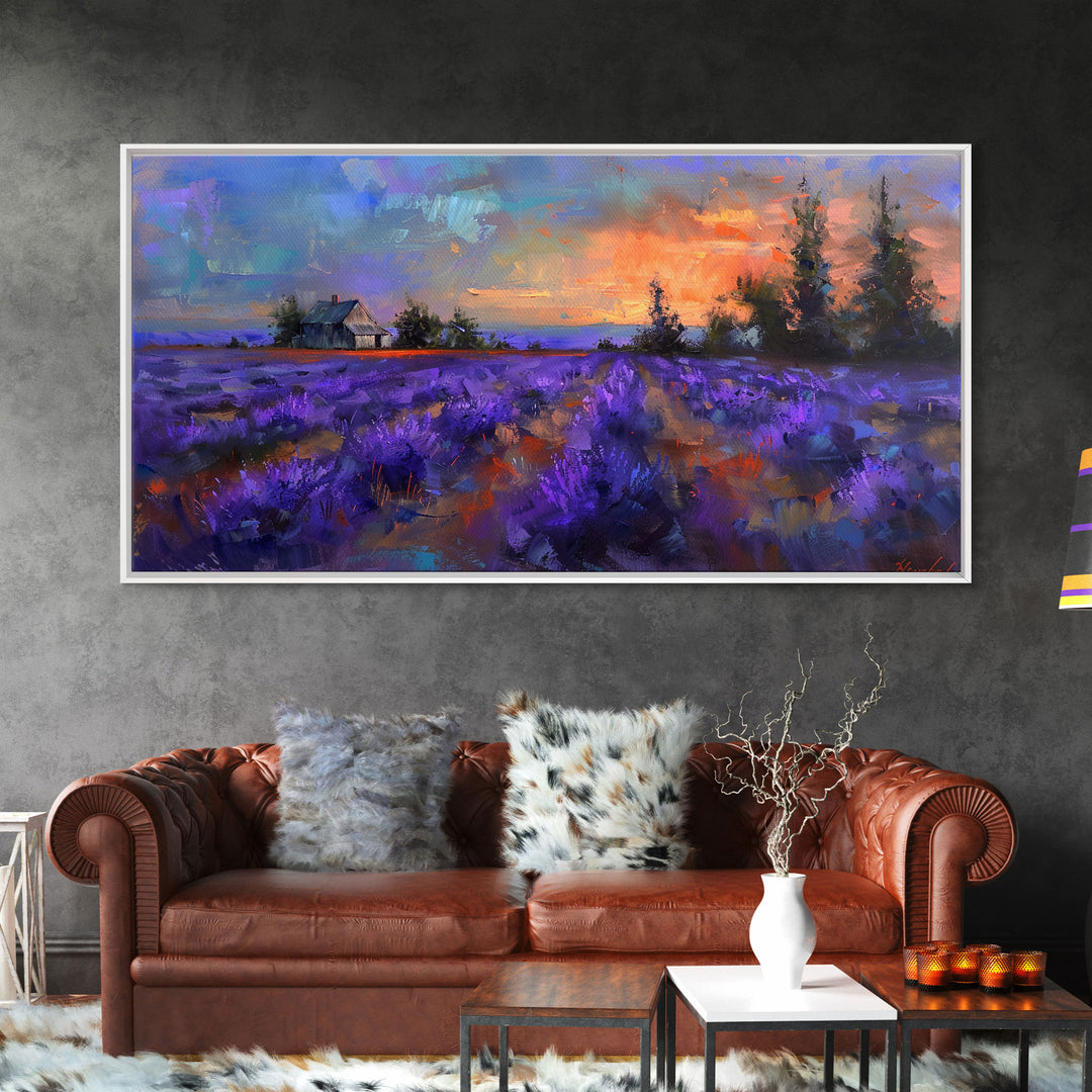 Sunset Over Lavender Field, Romantic Landscape Art, Framed Canvas Print, Cottagecore Decor, Purple Wall Art, Farmhouse Style