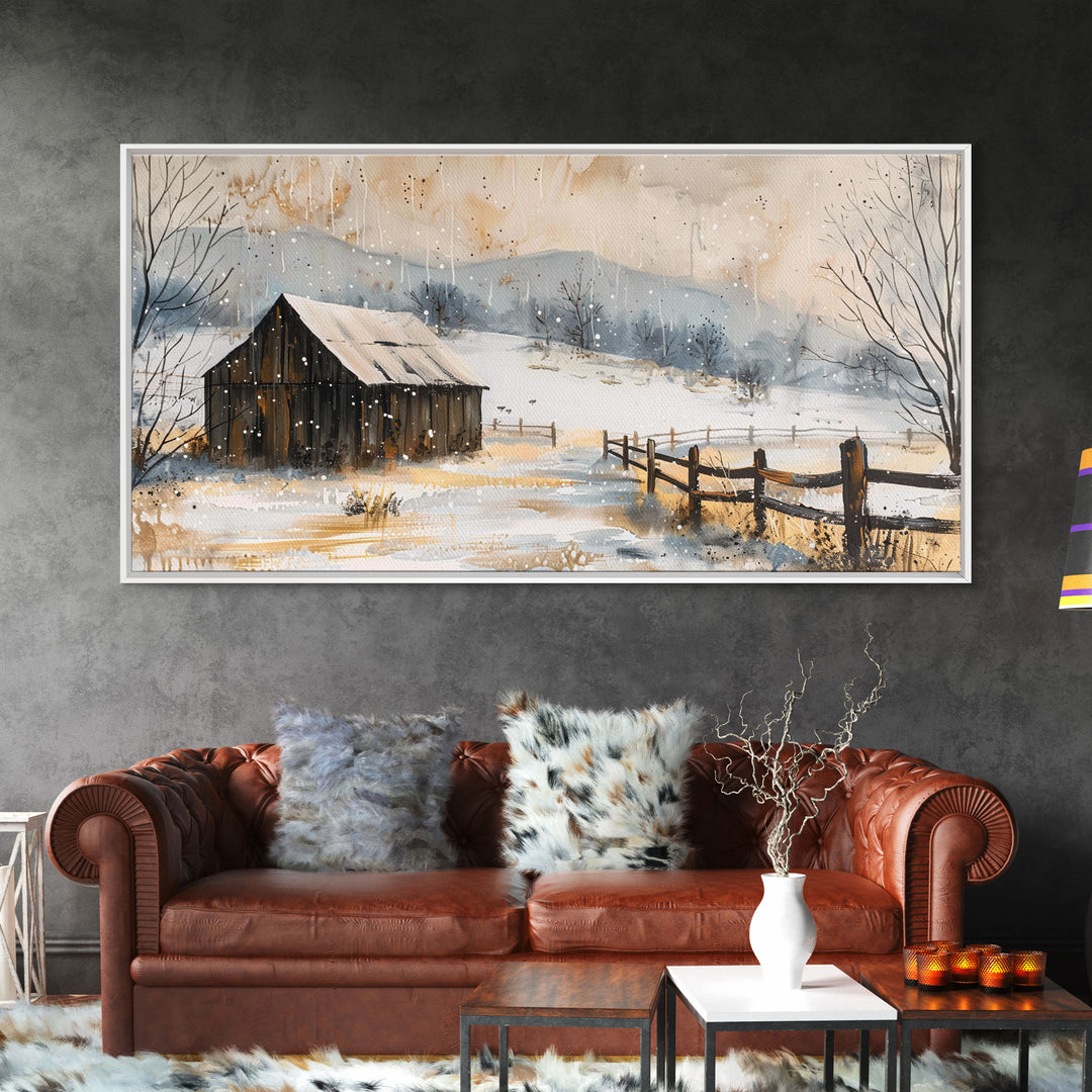 Snowy Barn in Winter Field, Framed Canvas Print, Rustic Wall Art, Living Room Decor, Farmhouse Style, Winter Landscape