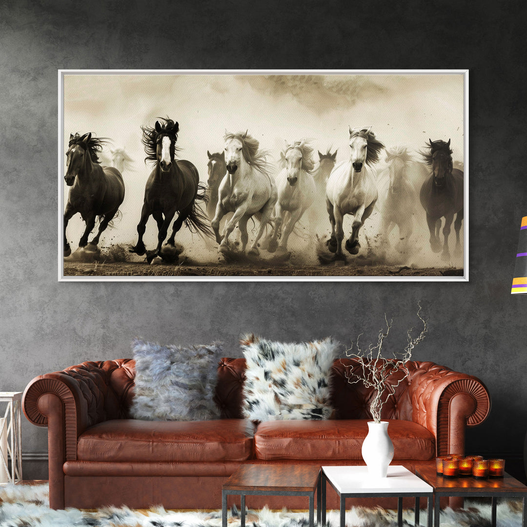 Majestic Running Horses in Dusty Field, Framed Canvas Print, Western Wall Art, Living Room Decor, Nature Scene, Horse Art