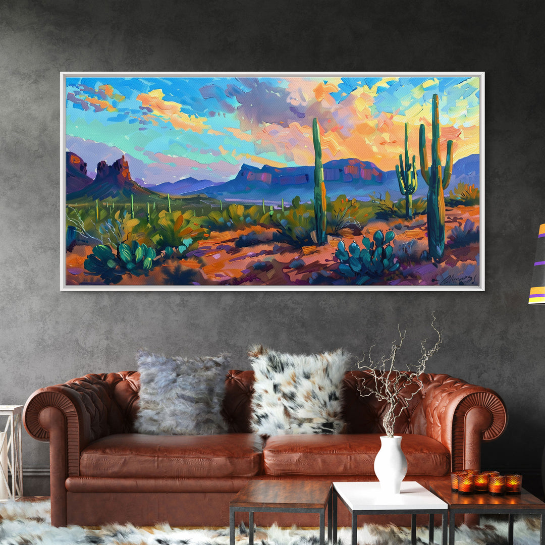 Desert Sunset with Cacti and Mountains, Abstract Southwestern Art, Framed Canvas Print, Rustic Boho Wall Decor, Living Room Art