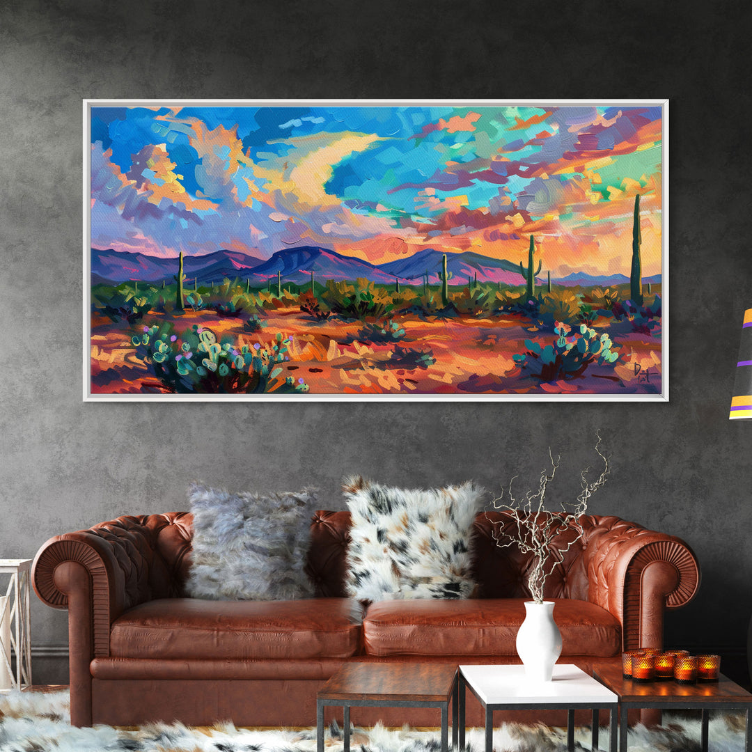 Vibrant Desert Sunset Landscape with Cacti, Framed Canvas Print for Living Room Art, Perfect for Boho and Southwestern Decor