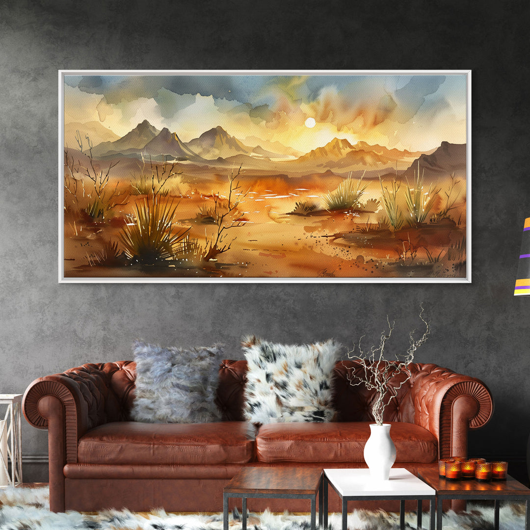 Tranquil Autumn Trees in Open Field with Mountain Background, Ideal Framed Canvas Print for Bedroom, Farmhouse Style Wall Art