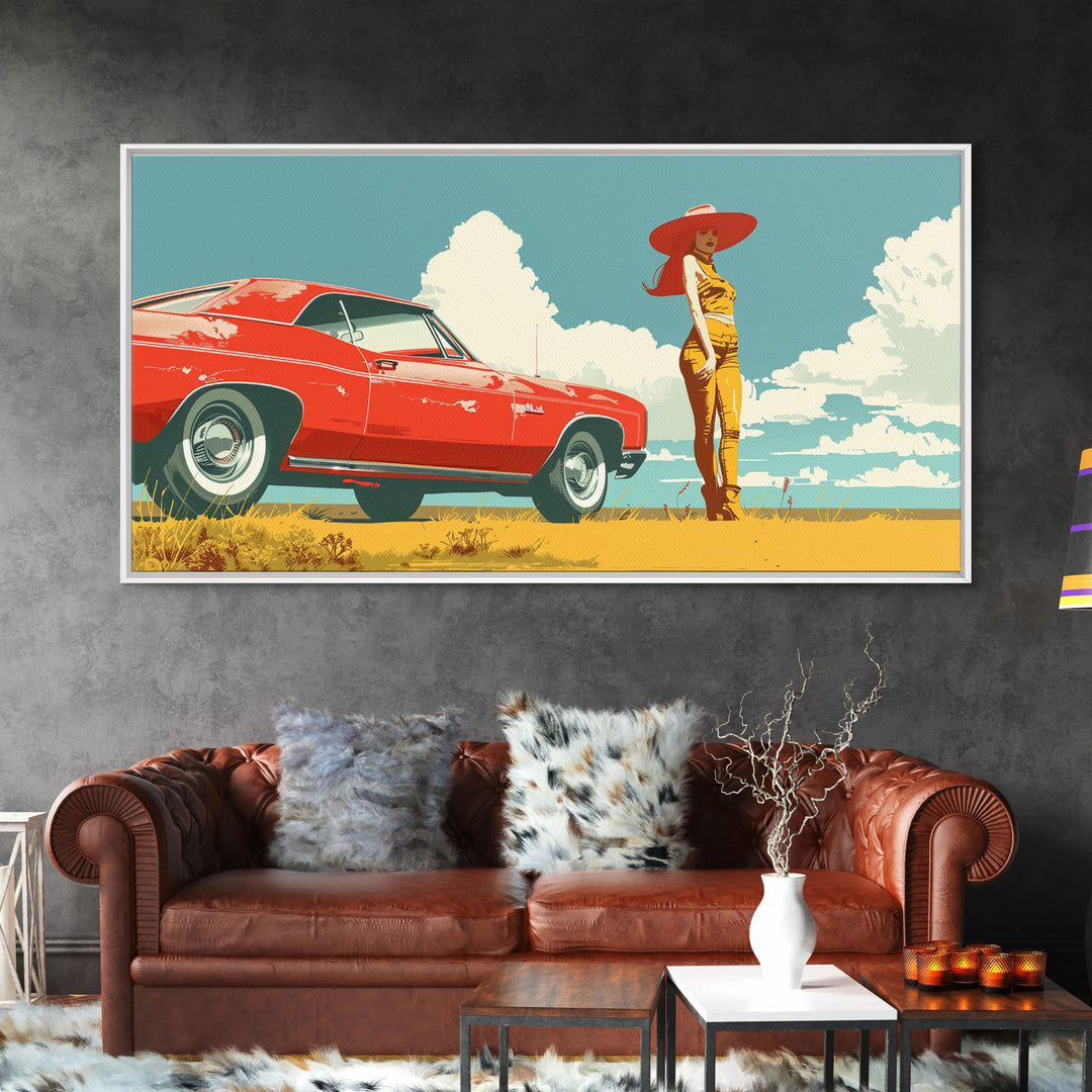 Vintage Cowgirl and Classic Red Car in Pop Art Style, Framed Canvas Print for Bedroom Decor, Perfect Living Room Wall Art