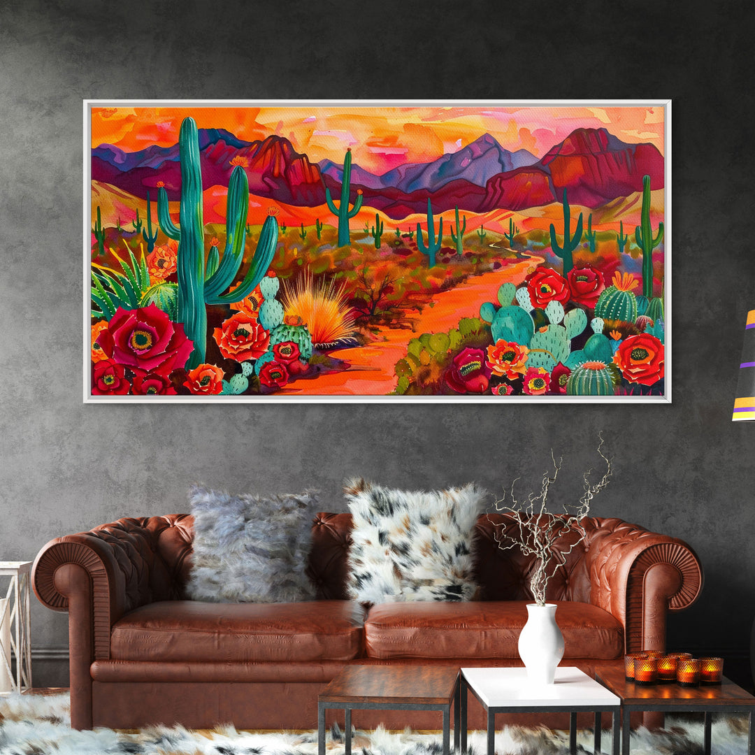 Vibrant desert scene with cacti and blooming flowers, Framed Canvas Print for boho living room, southwestern home decor art