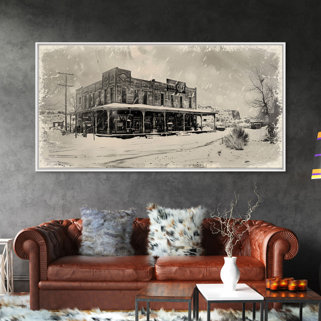 Snowy Western Town with Vintage Charm, Framed Canvas Print for Rustic Living Room Decor, Perfect Bedroom Wall Art, Winter Scene