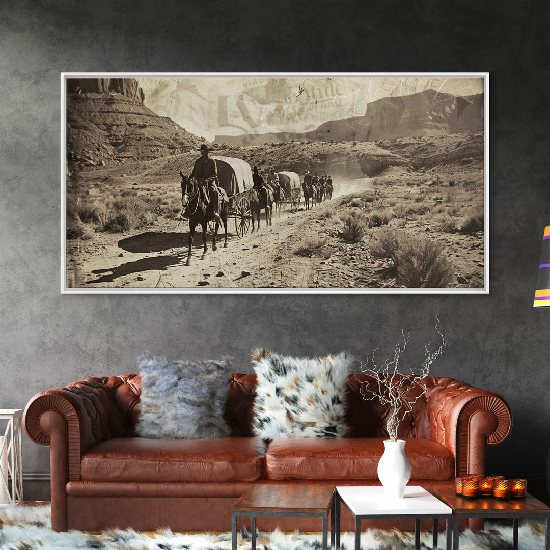 Western Wagon Trail through Desert Canyon, Framed Canvas Print for Farmhouse Living Room Wall Art, Vintage Home Decor, Rustic Scene