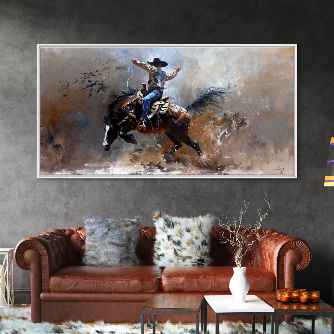 Rodeo Cowboy on Bucking Horse, Farmhouse Style Framed Canvas Print for Bedroom Wall Art, Rustic Home Decor, Western Action Art