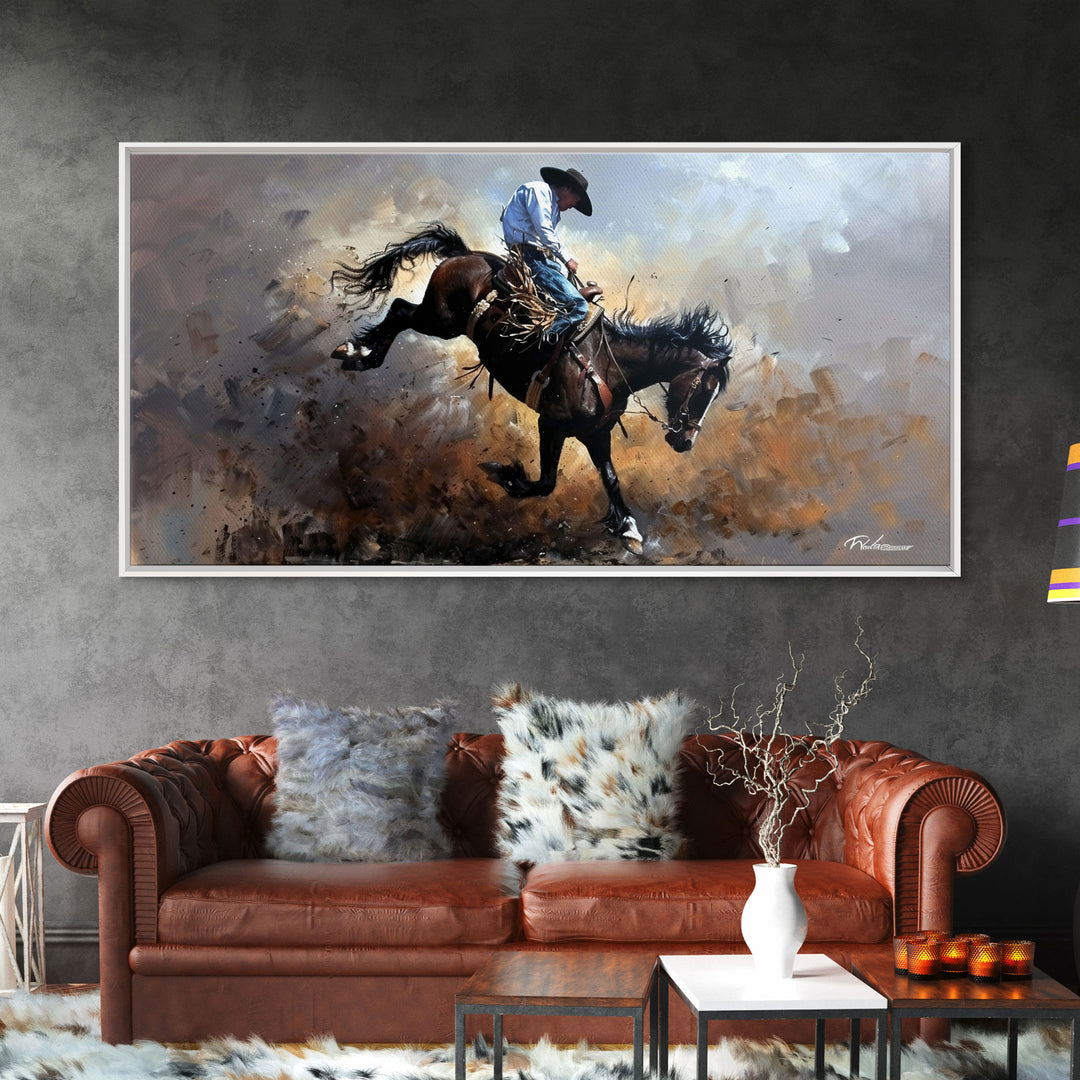 Wild Bronco Rider in Dusty Arena Scene, Stunning Framed Canvas Print, Ideal for Living Room Art, Western Bedroom Decor, Home Wall Art