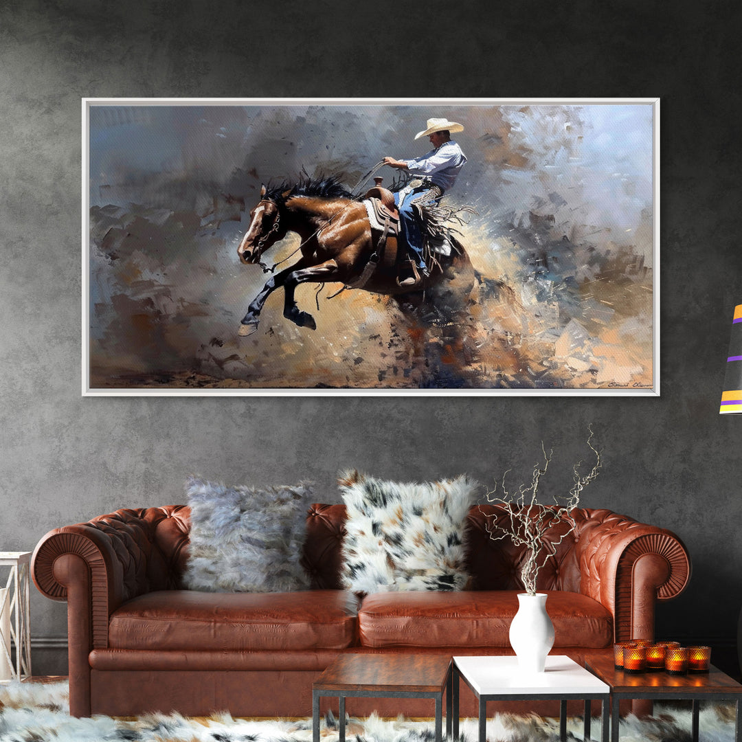 Intense Rodeo Bucking Horse and Cowboy, Vibrant Framed Canvas Print, Great for Western Living Room Art, Bedroom Decor, Rustic Home Wall Art