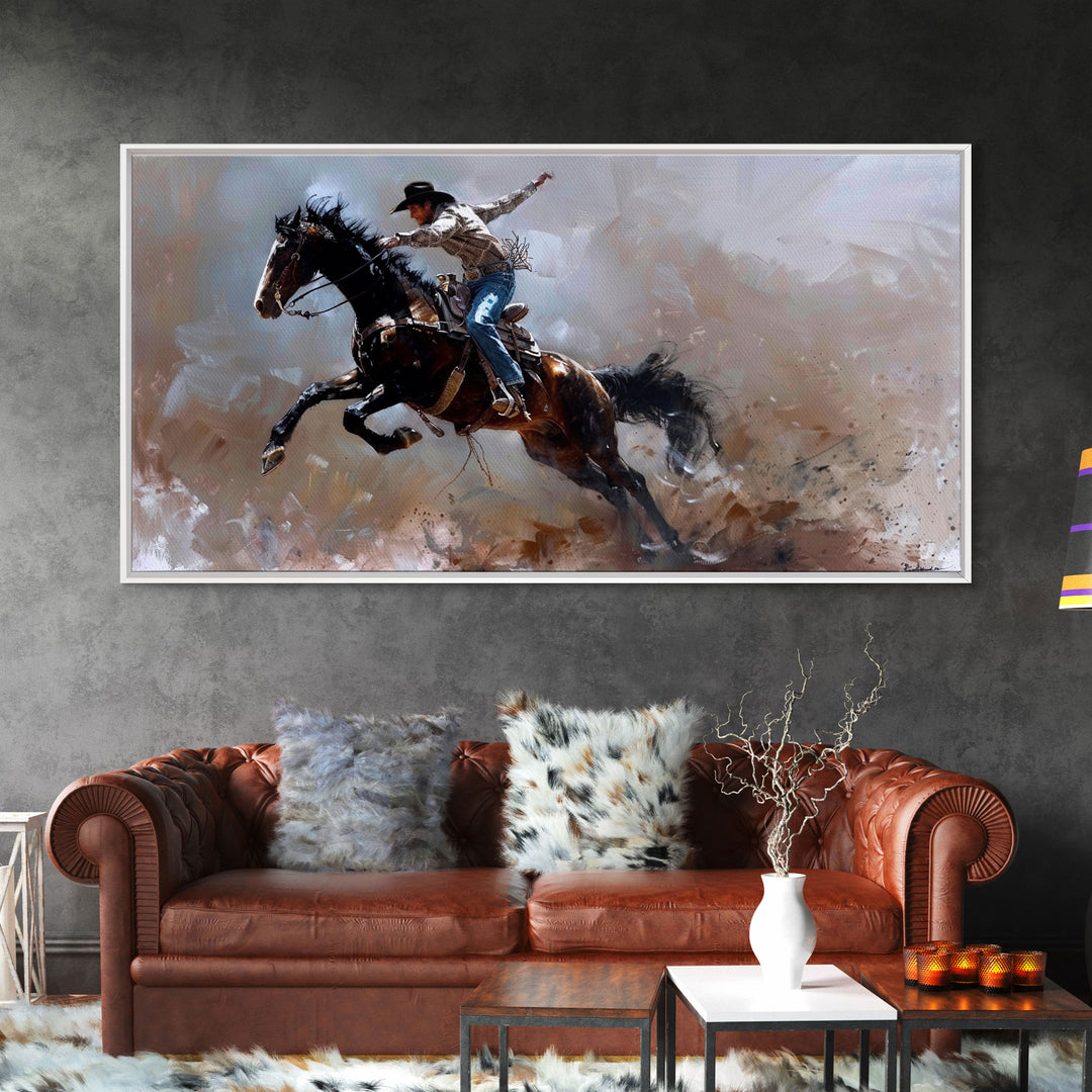 Action-Packed Rodeo Scene with Bucking Horse, Beautiful Framed Canvas Print, Western Living Room Art, Rustic Bedroom Decor, Wall Art