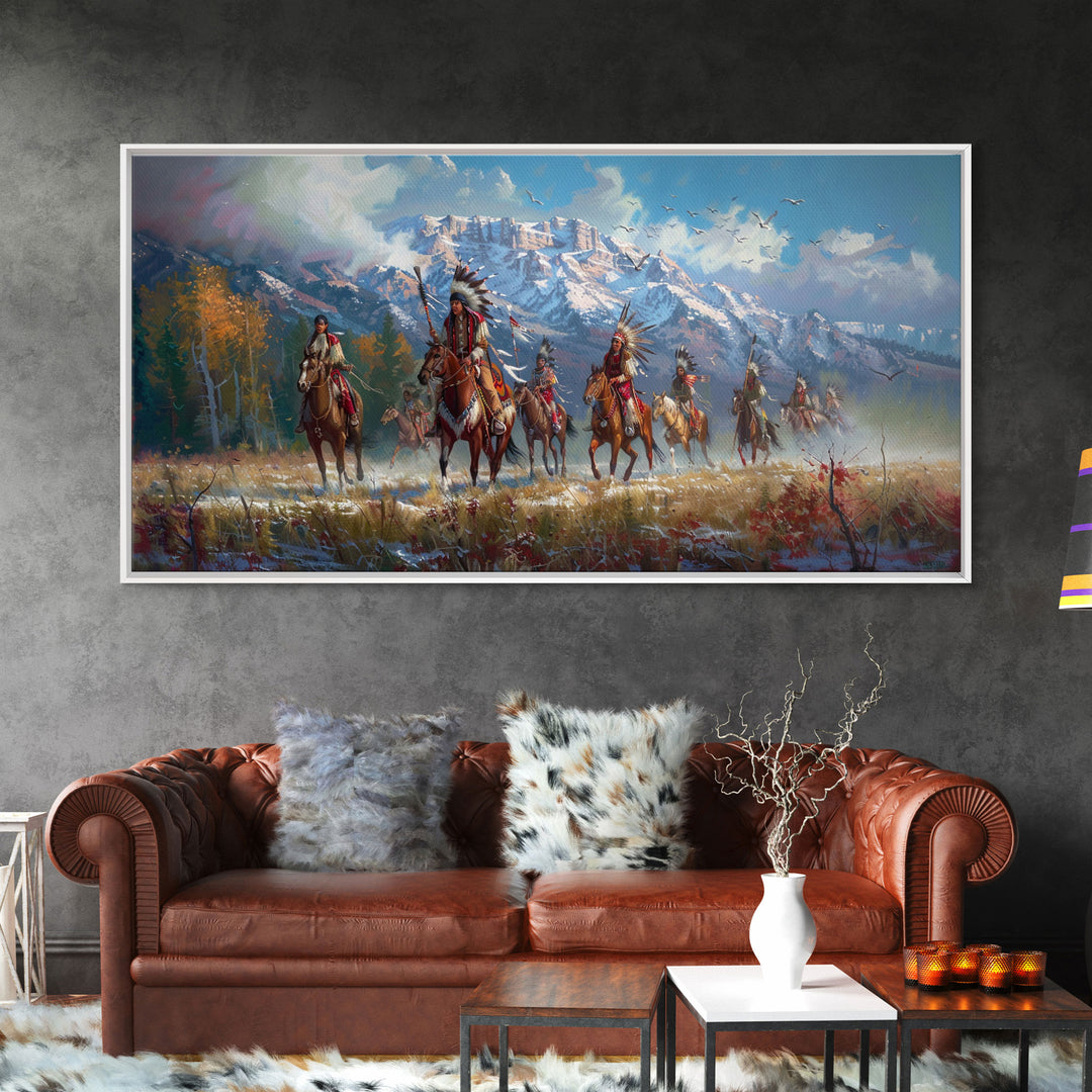 Native American Warriors Riding Through Snow-Capped Mountains, Ideal Wall Art, Framed Canvas Print Living Room Bedroom Decor, Historical Art