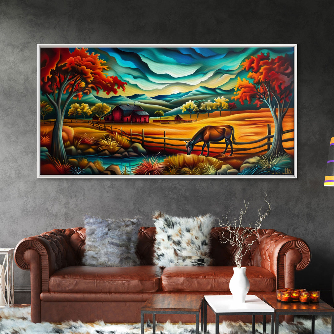 Abstract Colorful Farm Scene with Grazing Horse, Ideal Wall Art, Framed Canvas Print for Living Room or Bedroom Decor, Vibrant Nature Art