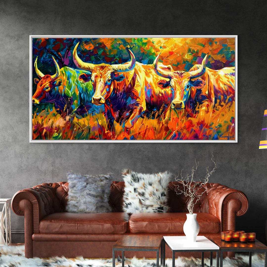 Vibrant Cattle in Abstract Art Style, Perfect for Living Room Art, Framed Canvas Print, Bedroom Decor, Home Decoration, Farmhouse Decor