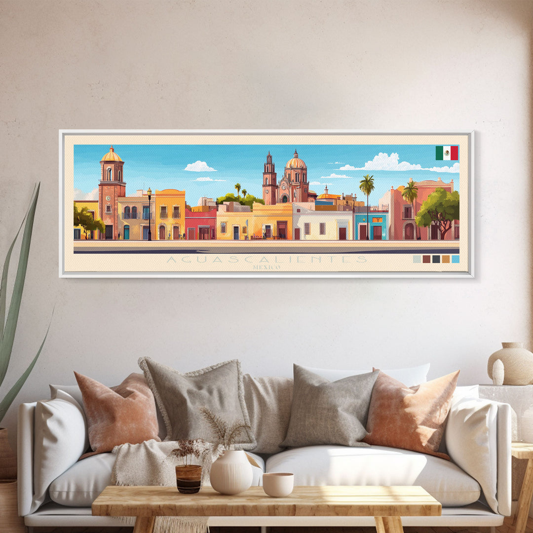 Aguascalientes, Mexico Panoramic Travel Poster Canvas Print, Aguascalientes, Mexico Painting, Mexico Art, Aguascalientes Travel Art, Guest Room Painting