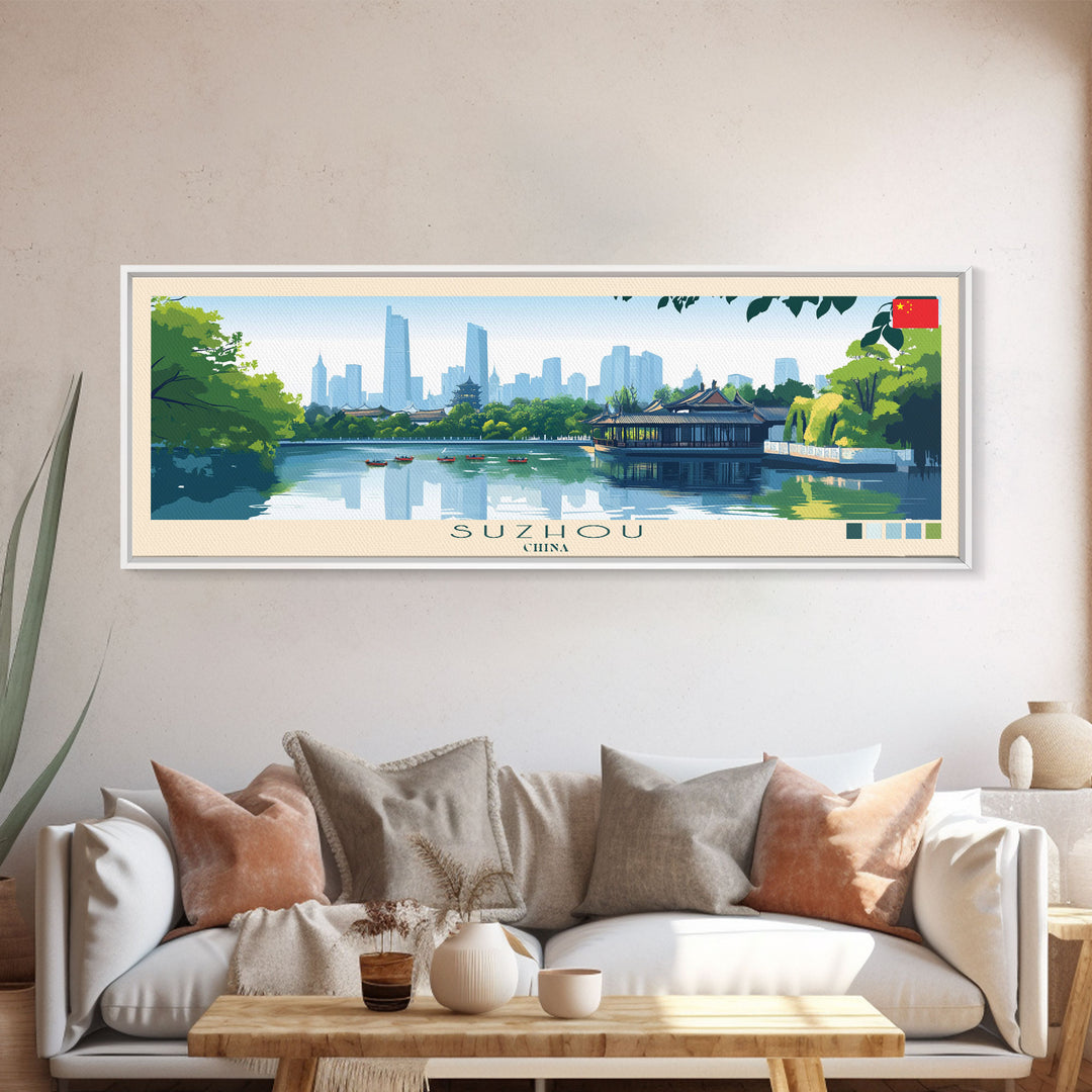 Suzhou, China Panoramic Travel Poster Canvas Print, Suzhou, China Painting, China Art, Suzhou Travel Art, Living Room Painting