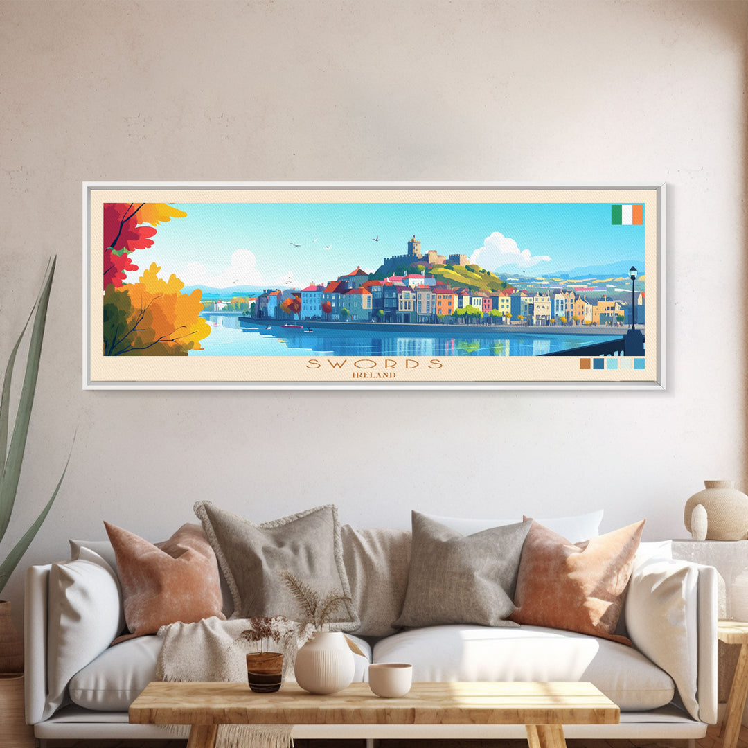 Swords, Ireland Travel Poster Panoramic Canvas Print, Swords, Ireland Painting, Ireland Art, Swords Travel Art, Guest Room Painting