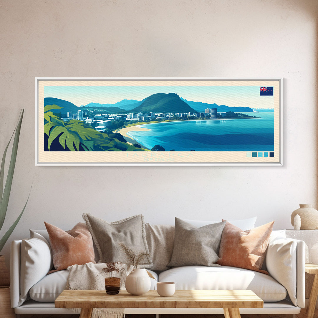 Tauranga, New Zealand Travel Poster Panoramic Canvas Print, Tauranga, New Zealand Painting, New Zealand Art, Tauranga Travel Art, Guest Room Painting