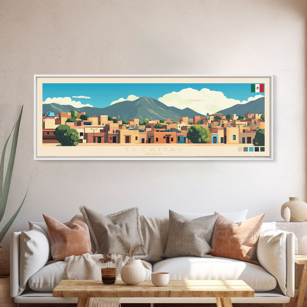 Tecamac, Mexico Panoramic Travel Poster Canvas Print, Tecamac, Mexico Painting, Mexico Art, Tecamac Travel Art, Guest Room Painting