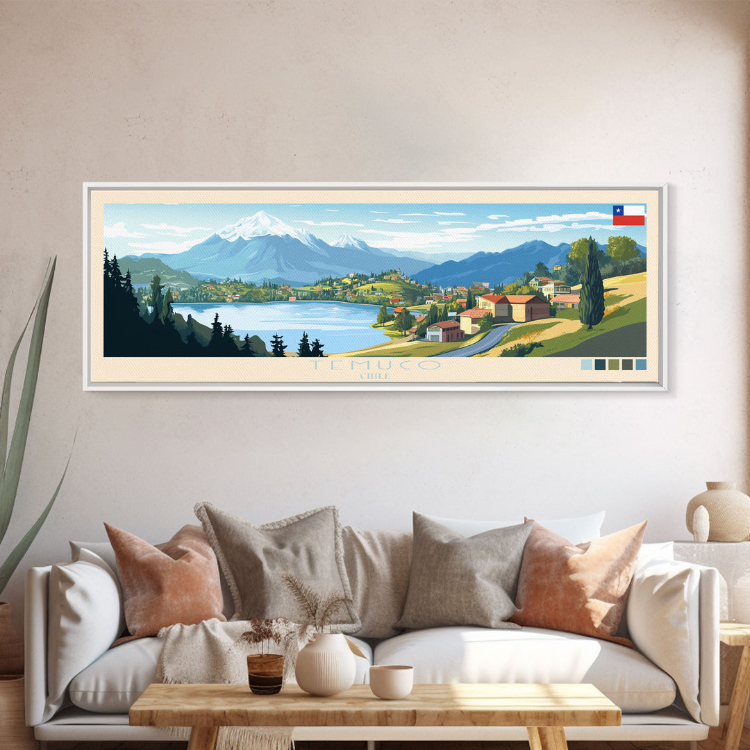 Temuco, Chile Panoramic Travel Poster Canvas Print, Temuco, Chile Painting, Chile Art, Temuco Travel Art, Living Room Painting