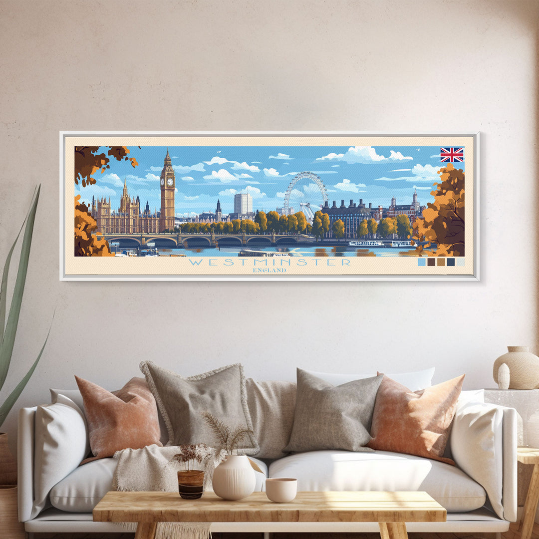 Westminster, England Panoramic Travel Poster Canvas Print, Westminster, England Painting, England Art, Westminster Travel Art, Living Room Painting