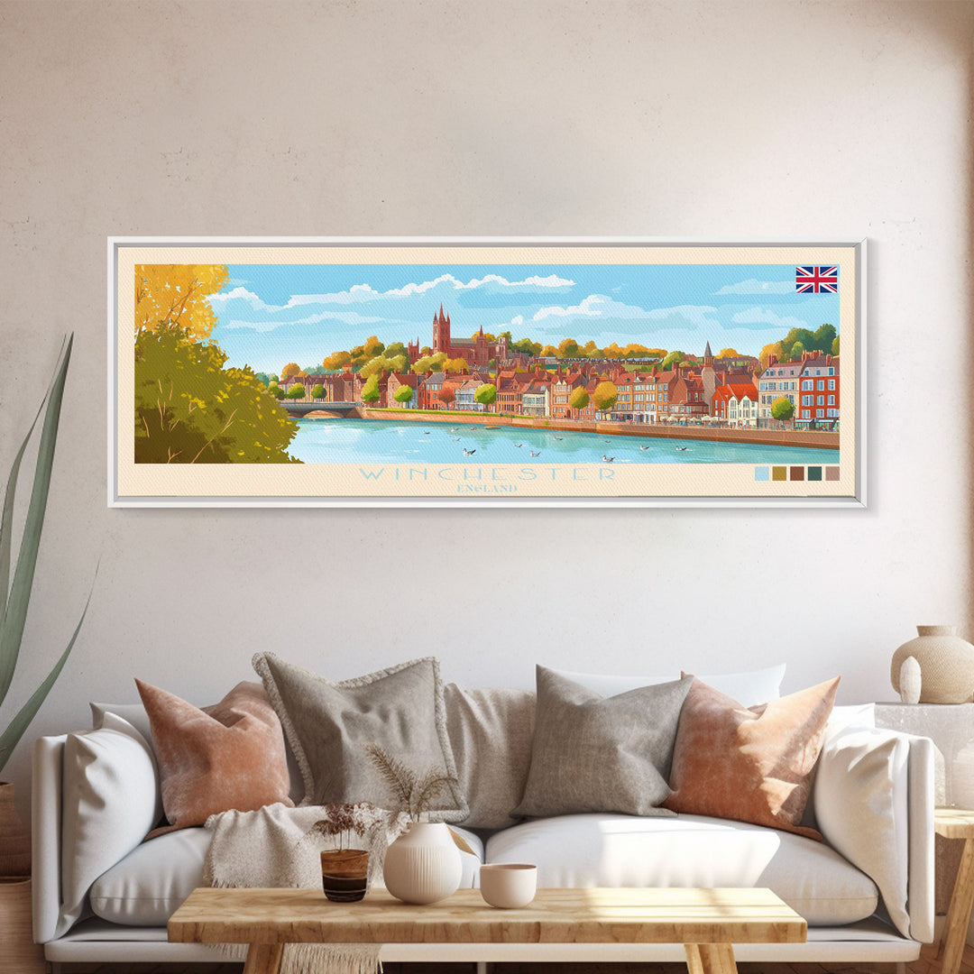 Winchester, England Travel Poster Panoramic Canvas Print, Winchester, England Painting, England Art, Winchester Travel Art, Guest Room Painting