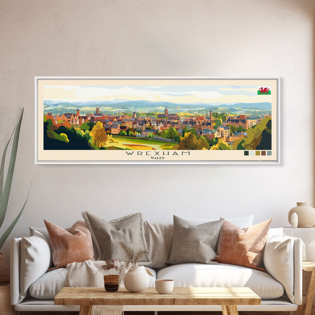 Wrexham, Wales Panoramic Travel Poster Canvas Print, Wrexham, Wales Painting, Wales Art, Wrexham Travel Art, Living Room Painting