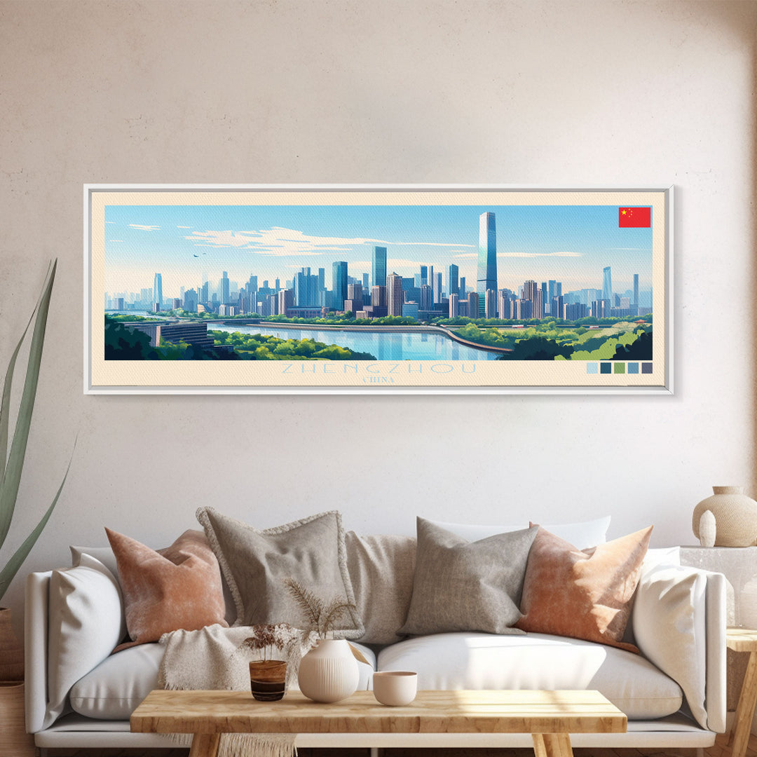 Zhengzhou, China Panoramic Travel Poster Canvas Print, Zhengzhou, China Painting, China Art, Zhengzhou Travel Art, Living Room Painting