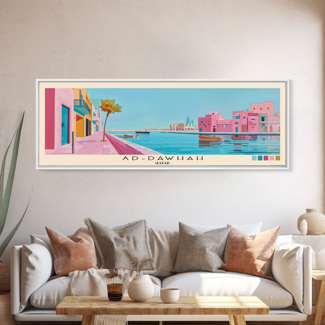 Ad-Dawhah, Qatar Panoramic Canvas Print, Ad-Dawhah, Qatar Painting, Qatar Art, Ad-Dawhah Travel Poster, Travel Art, Living Room Painting