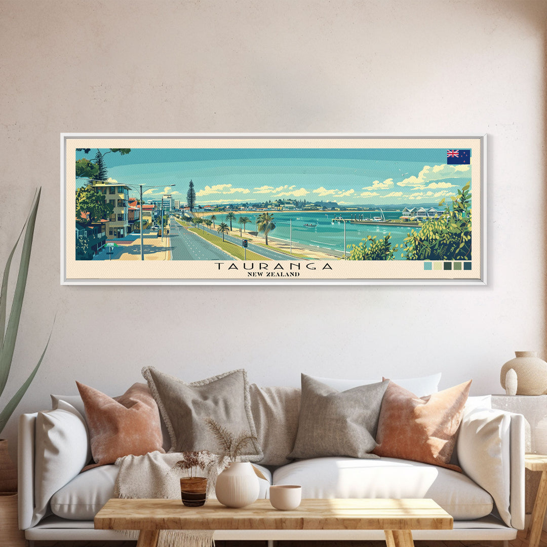 Tauranga, New Zealand Panoramic Canvas Print, Tauranga, New Zealand Painting, New Zealand Art, Tauranga Travel Poster, Travel Art, Guest Room Painting