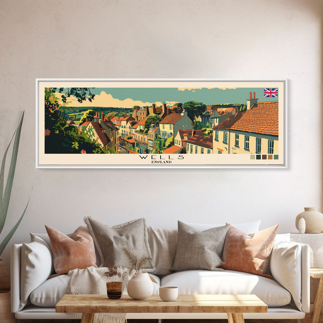 Wells, England Panoramic Canvas Print, Wells, England Painting, England Art, Wells Travel Poster, Travel Art, Guest Room Painting