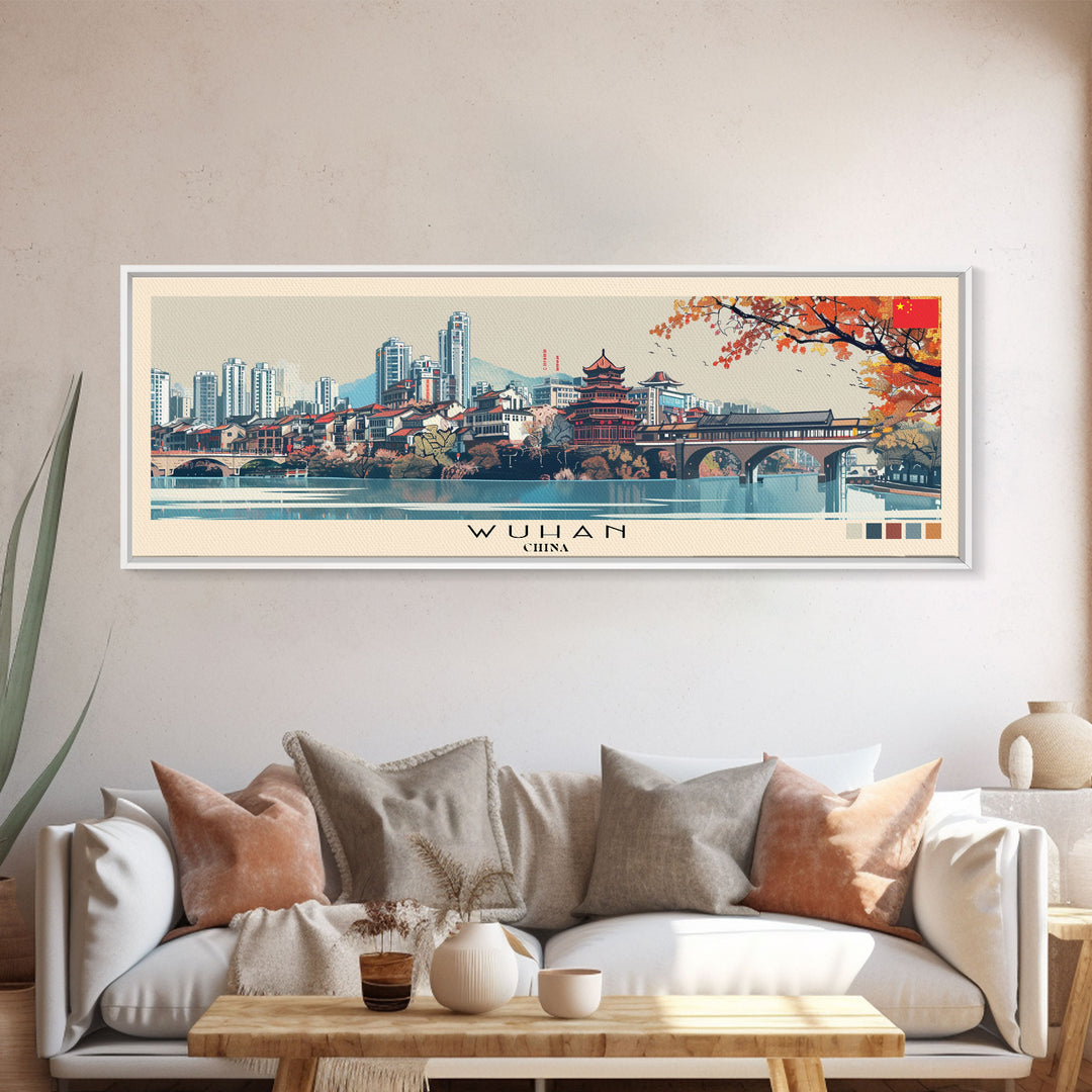 Wuhan, China Panoramic Canvas Print, Wuhan, China Painting, China Art, Wuhan Travel Poster, Travel Art, Vacation Gift