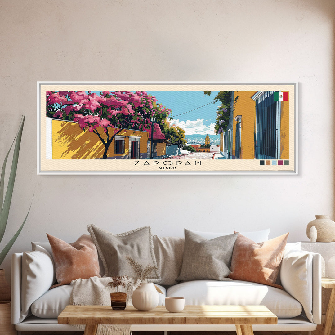 Zapopan, Mexico Panoramic Canvas Print, Zapopan, Mexico Painting, Mexico Art, Zapopan Travel Poster, Travel Art, Housewarming Gift