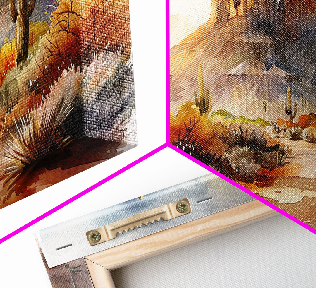 The Desert At Sunset Framed Canvas Print, Watercolor Painting, Original Wall Art Home Decor, Boho Style Farmhouse Wall Art