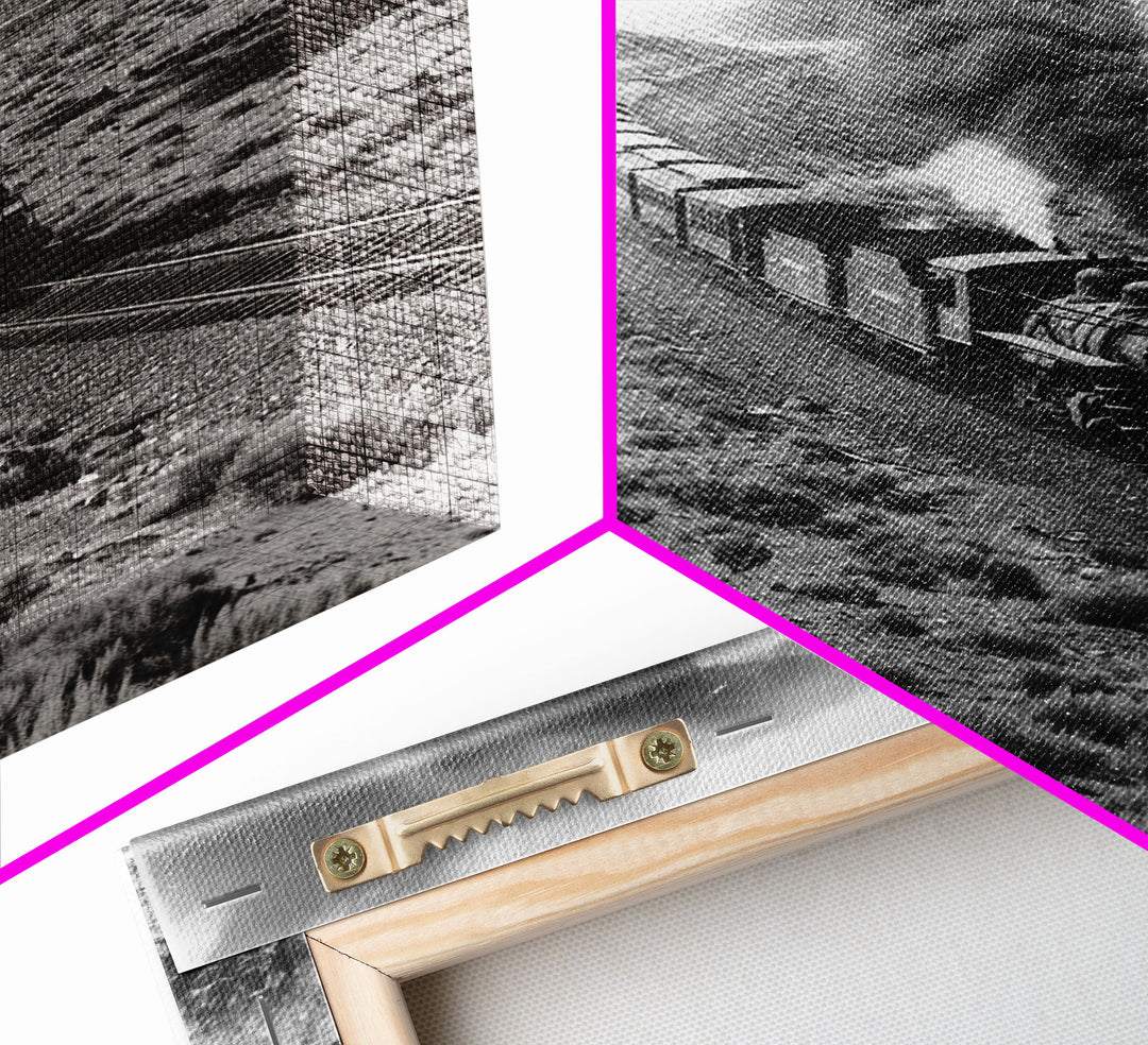 Train Journey Through the Desert Black and White Photography - Framed Canvas Print, Railroad Art, Rustic Train Wall Art Decor