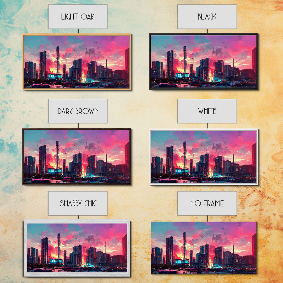 Cyber punk city skyline canvas print, outrun sunset, synthwave, vapor wave, dystopian city at sun set, mancave wall art, video game concept