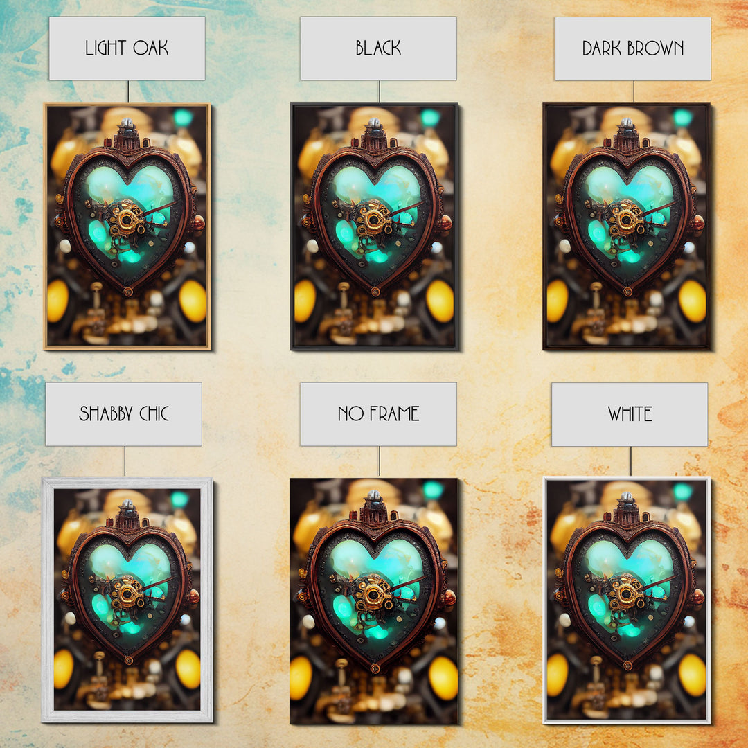 Steampunk Heart, Turquoise Crystal Heart, Framed Canvas Print, Ready To Hang Framed Wall Art, Living Room Wall Hanging