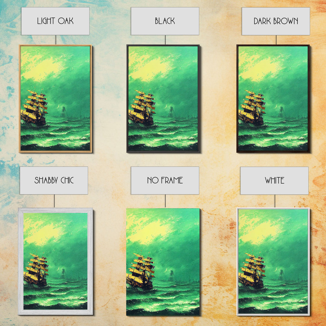 Watercolor of a Pirateship, Ghost Ship Art, Framed Canvas Print, Ready To Hang Framed Wall Art, Living Room Wall Hanging