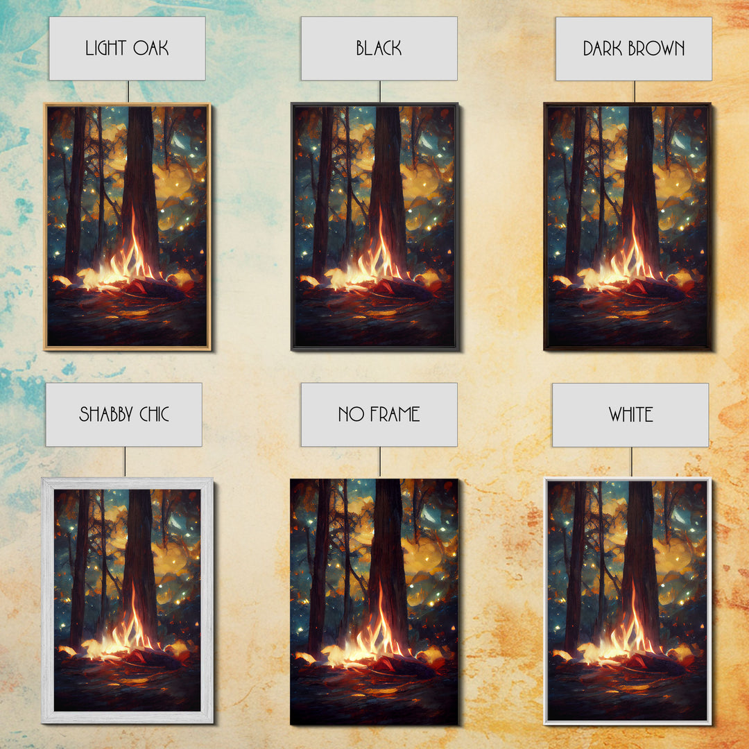 Night Stars Camp Fire In Woods Big Tree Wall Art, Fine Art Print, Wall Poster