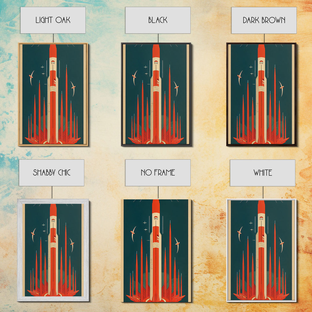 Art Deco Space Travel Poster Art, Framed Canvas Print, Ready To Hang Framed Wall Art, Living Room Wall Hanging