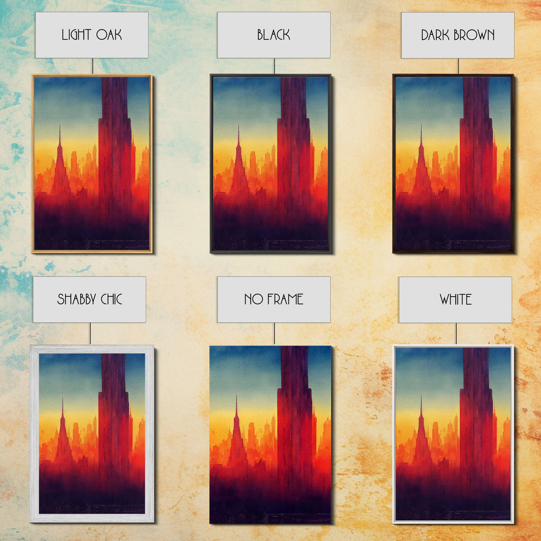 Chicago at sunset concept art, synthwave style, framed canvas print, ready to hang wall art with frame