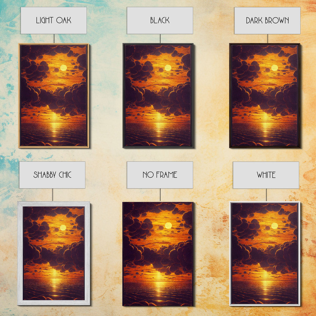 Orange Sunset, Psychedelic Sepia Sunset Art, Framed Canvas Print, Ready To Hang Framed Wall Art