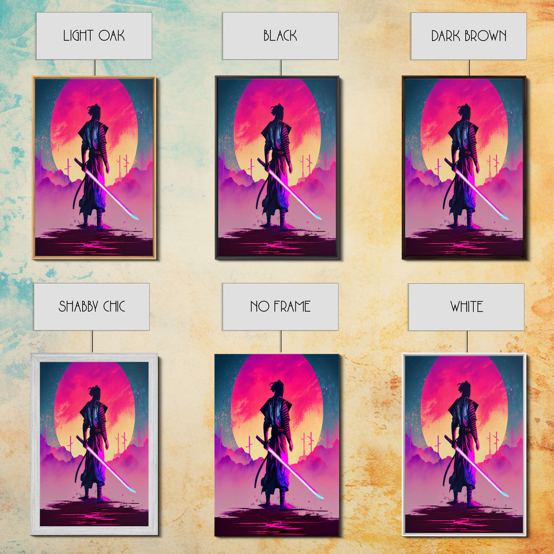 Synthwave Samurai, Cyberpunk Samurai Art, Framed Canvas Print, Ready To Hang Framed Wall Art