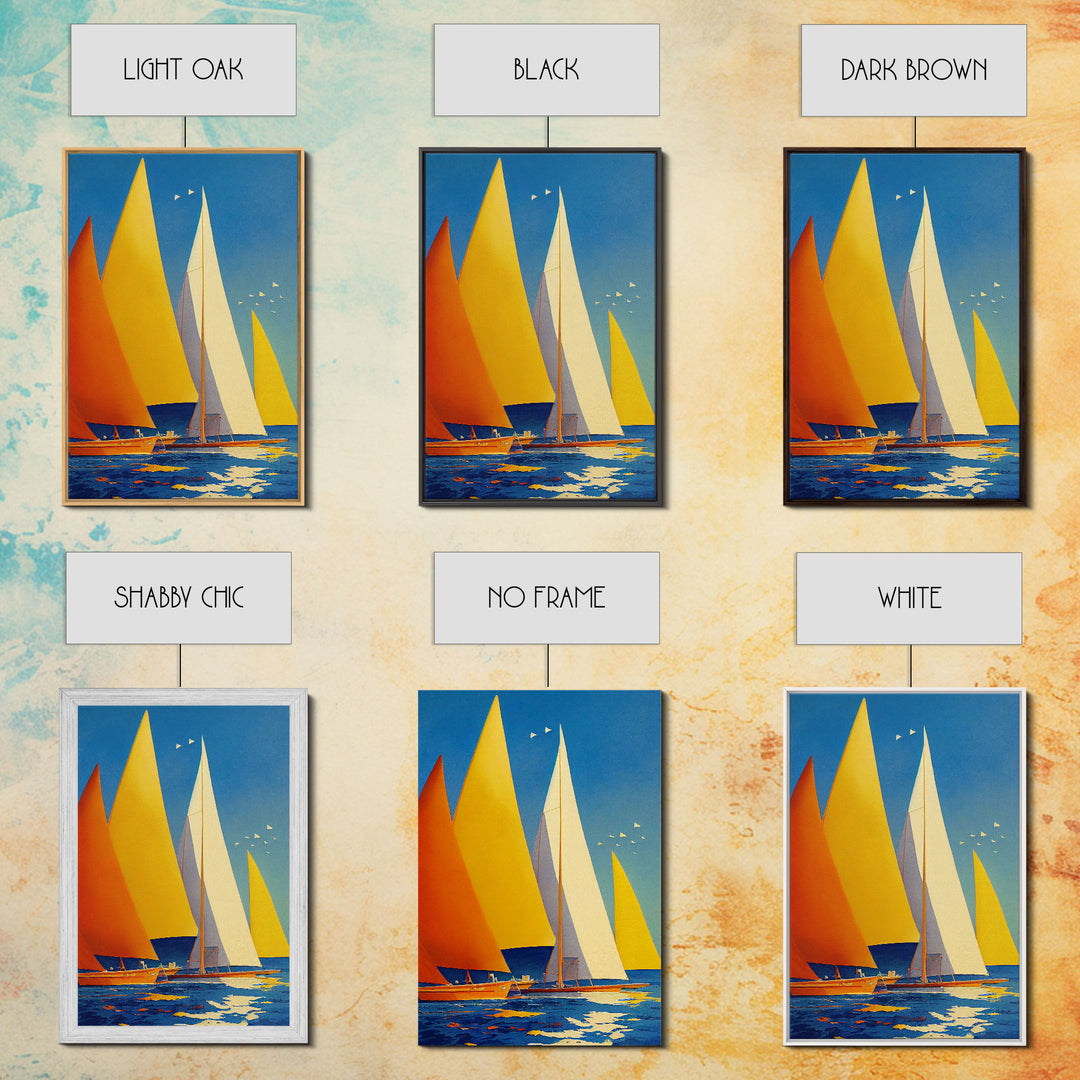 Golden Art Deco Sailboats in the Sun, Lakehouse Decor, Framed Canvas Print, Ready To Hang Framed Wall Art, Living Room Decor