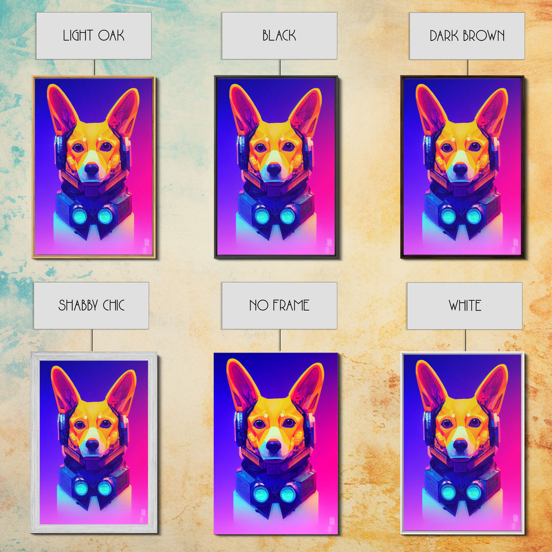 Cyberpunk Corgi Portrait, Futuristic Corgi, Framed Canvas Print, Ready To Hang Framed Wall Art, Living Room Wall Hanging