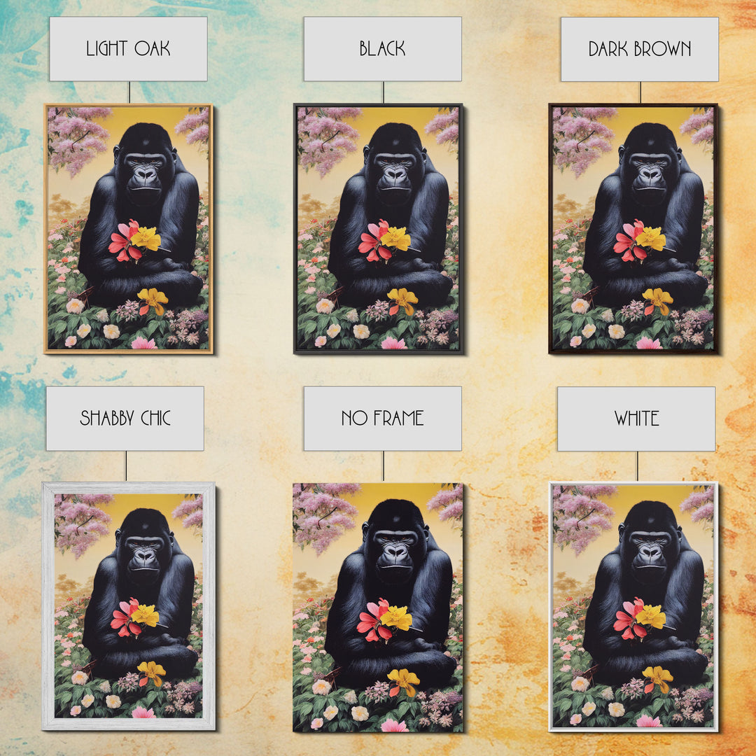 Portrait of a happy gorilla holding flowers, Framed Canvas Print, Ready To Hang Framed Wall Art