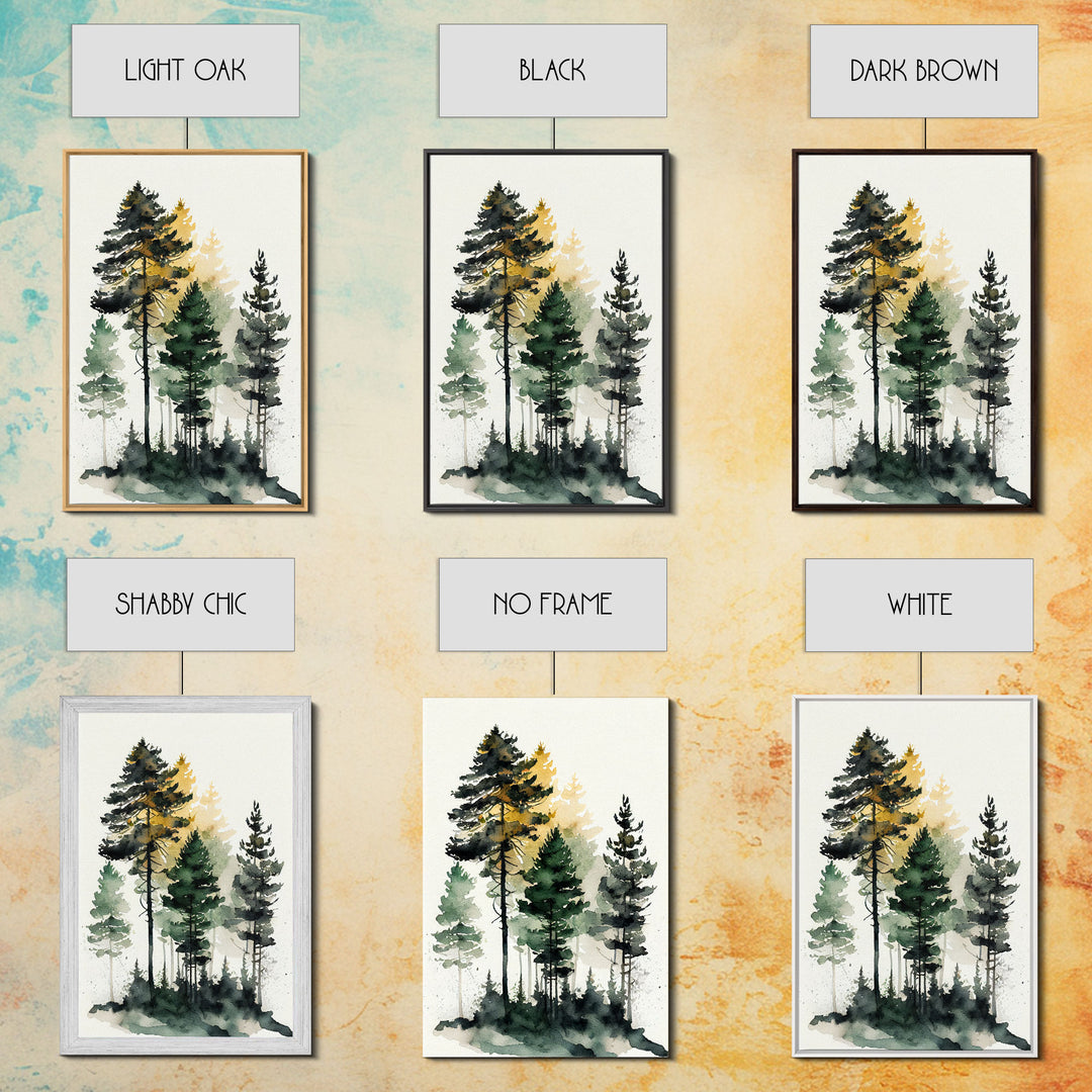 Watercolor pine tree forest, framed canvas print, cool wall art