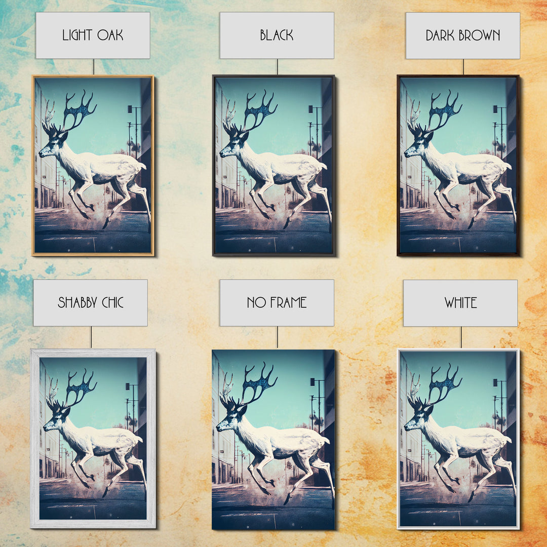 White stag in the city, post-apocalyptic urban decay art, framed canvas print