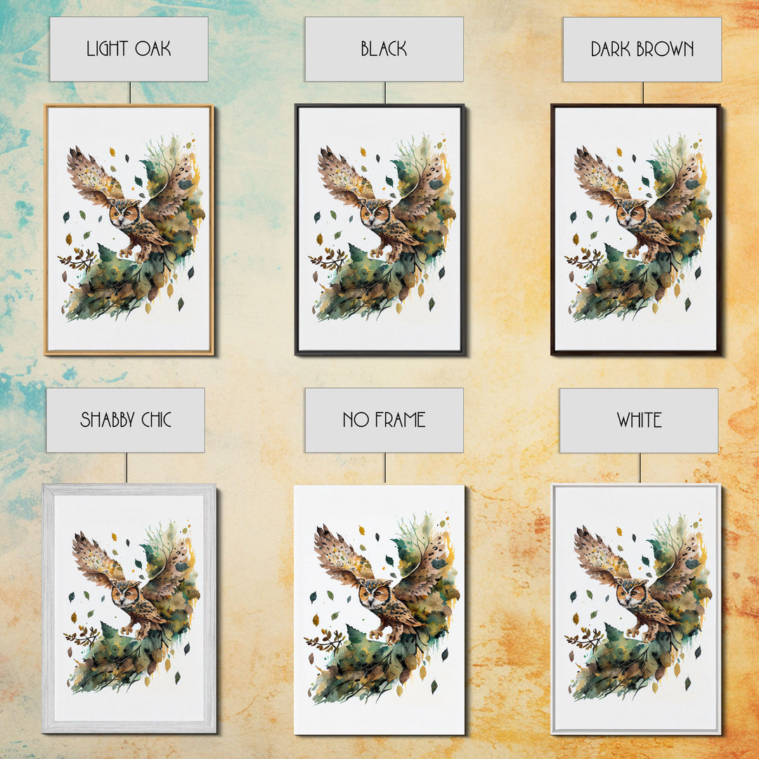 Watercolor of an owl in flight, owl portrait, framed canvas print, cool nature wall art