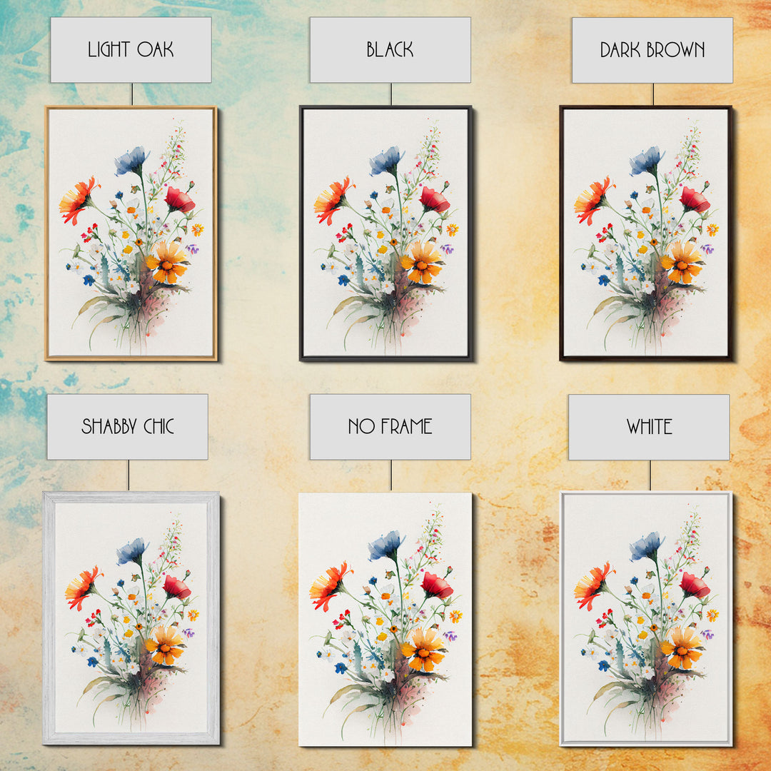 Colorful wildflowers, beautiful floral art, framed canvas print